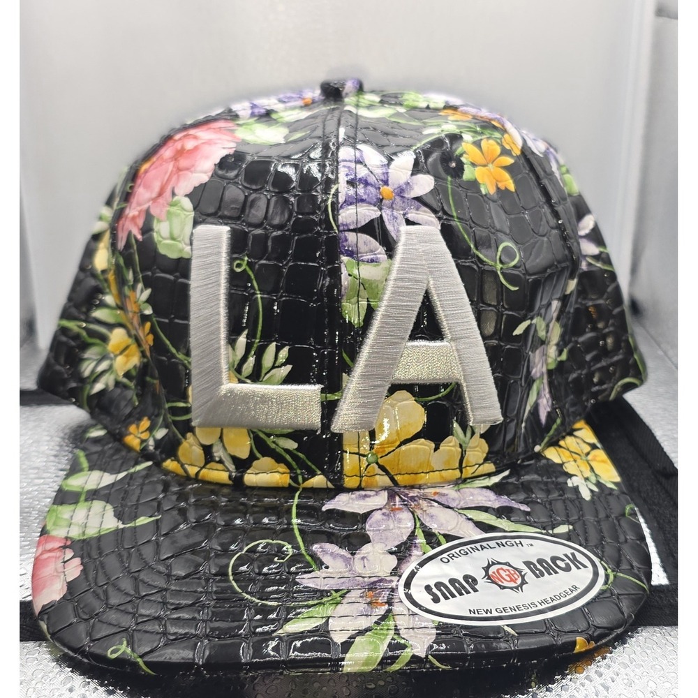 LA Snapback Hat New Genesis Floral Crocodile Faux Leather Cap Black Yellow...